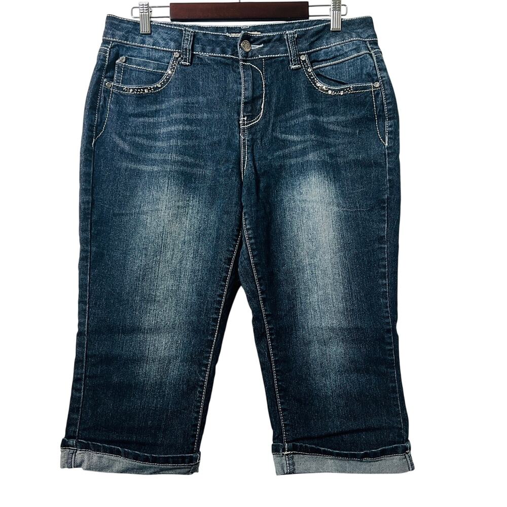 Earl Jeans Women's Size 12 Blue Embellished Capri Crop Stretch Cuffed Denim